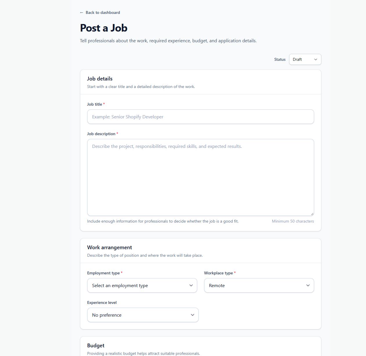 Employer new job posting form