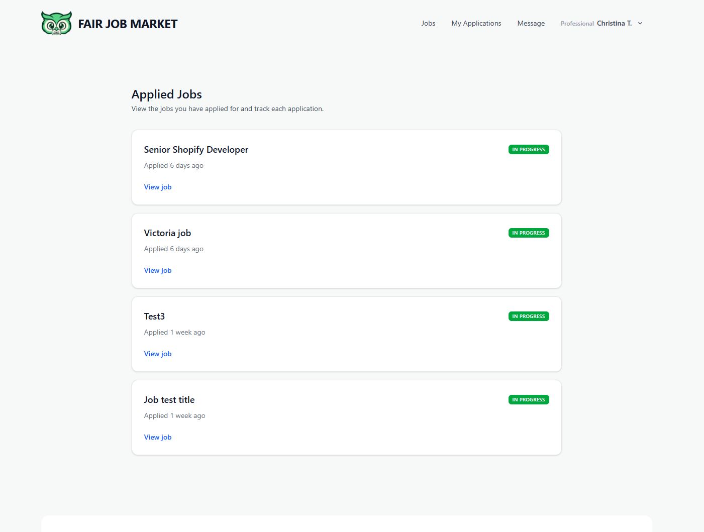 Professional job dashboard