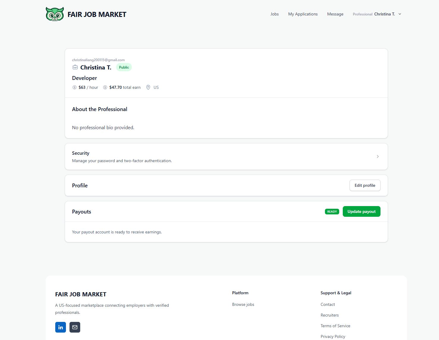 Professional profile settings