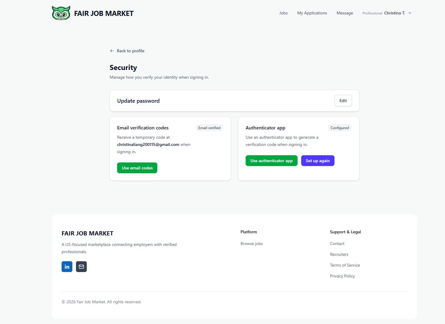 Professional account security settings